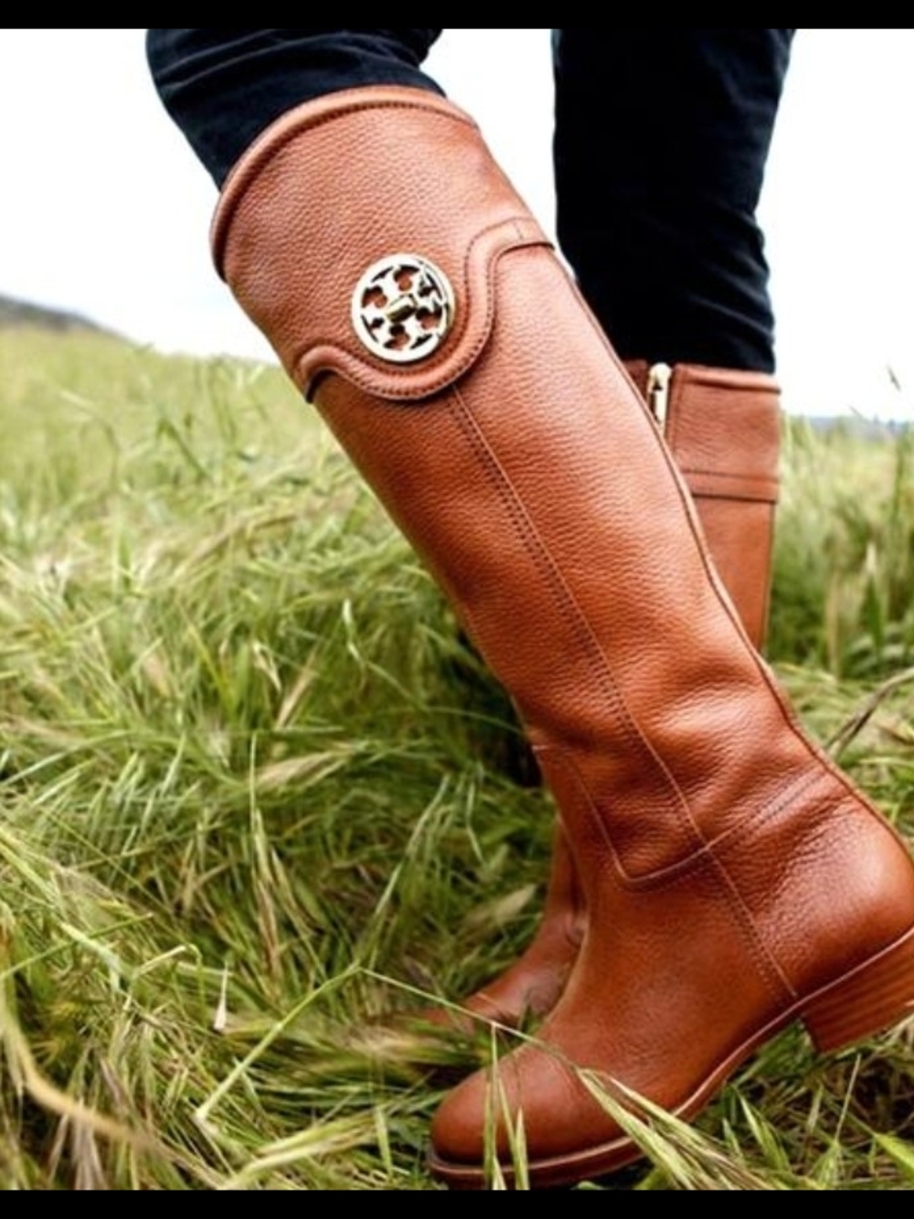 Tory Burch Selma Cognac Pebbled Leather Knee High Riding Boots Women Size 6